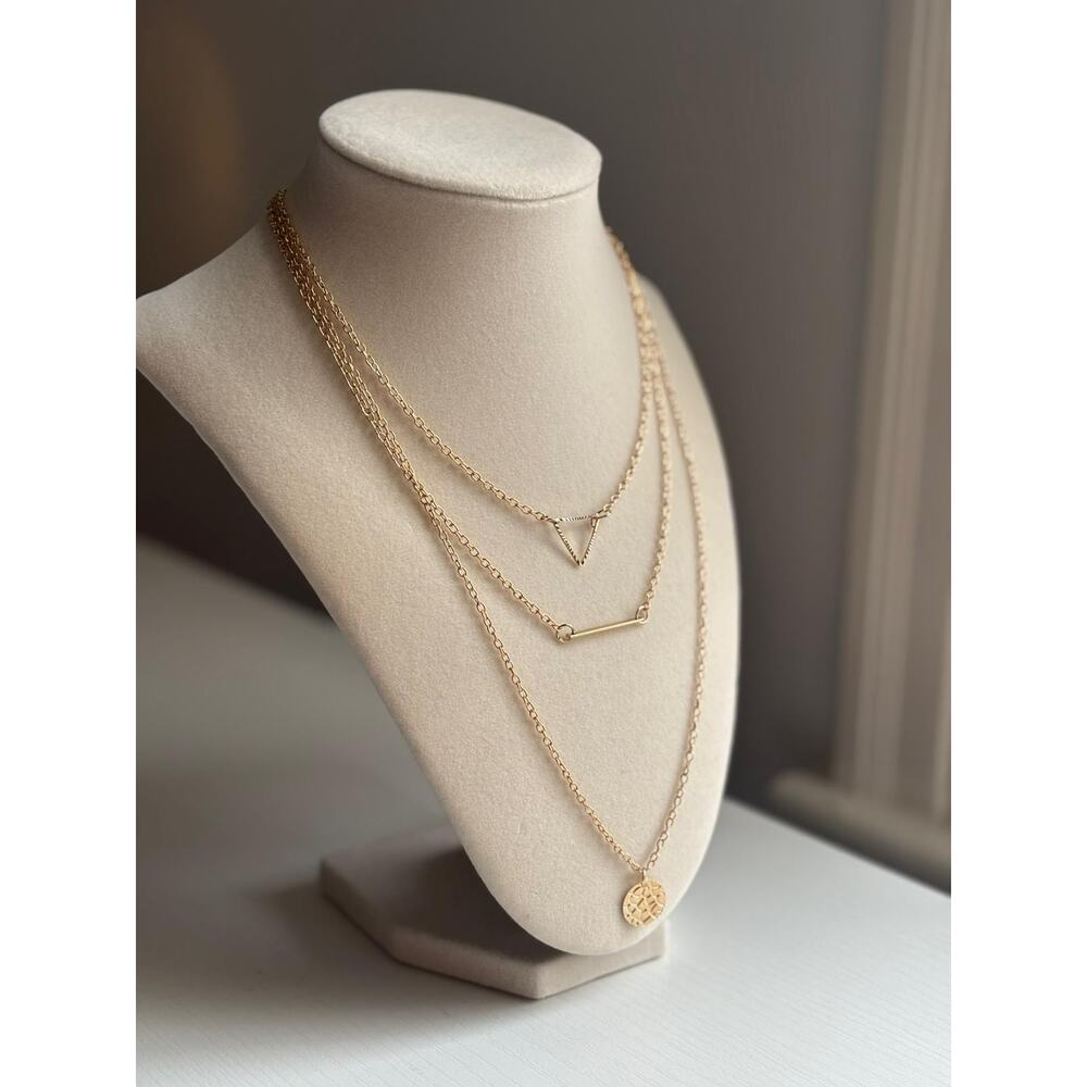 Gold Layered Necklace Minimal Geometric Bar Coin Pendant Dainty - Picture 4 of 7